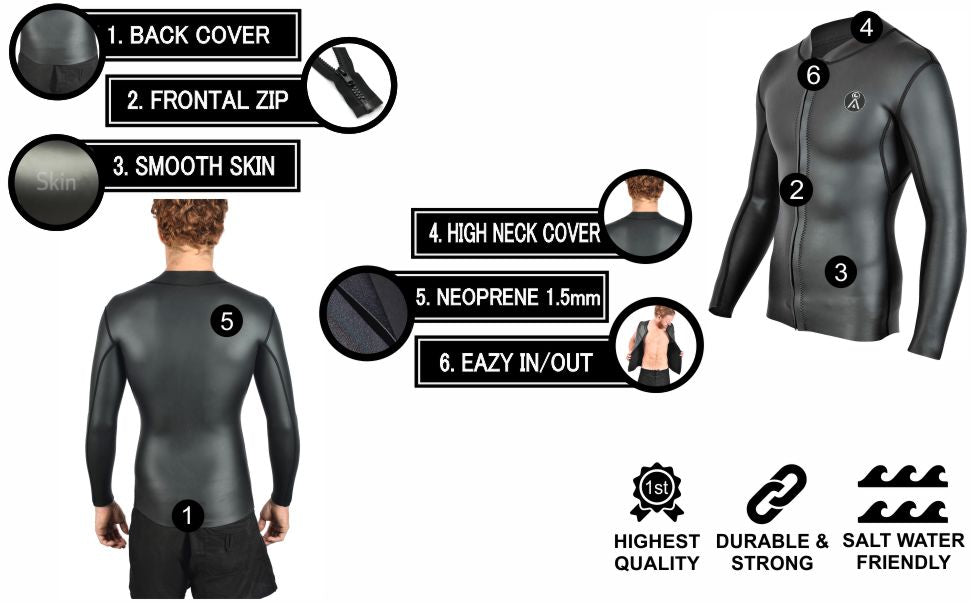 SURF Wetsuit TOP | Mens 1.5mm Neoprene Surfing Jacket | Long Sleeve-Front Zipper Vest | Wet Suit |