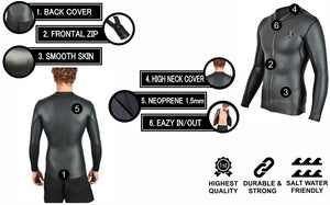 SURF Wetsuit TOP | Mens 1.5mm Neoprene Surfing Jacket | Long Sleeve-Front Zipper Vest | Wet Suit |